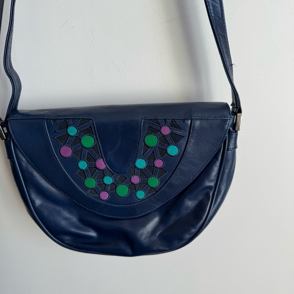 Vintage 80s Mima Venezia Patchwork Leather Crossbody Stylish Navy Shoulder Bag - Picture 2 of 10